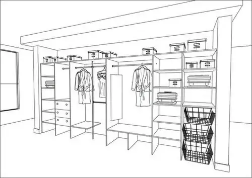 Line drawing of a walk-in wardrobe design showing rails, shelves and baskets